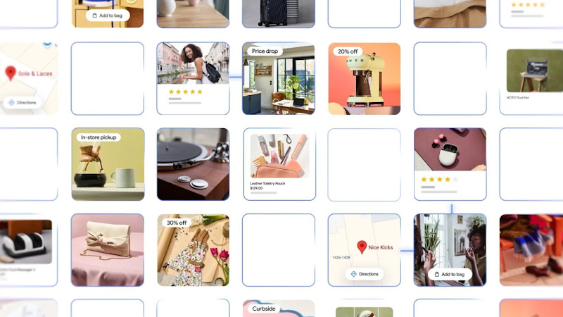 A gallery of photographs labeled with Shopping and Maps tags, like “In-store pickup” for a coffee carafe, “20% off” for a stand mixer, and “Directions” on a map showing a location pin for a shoe store.