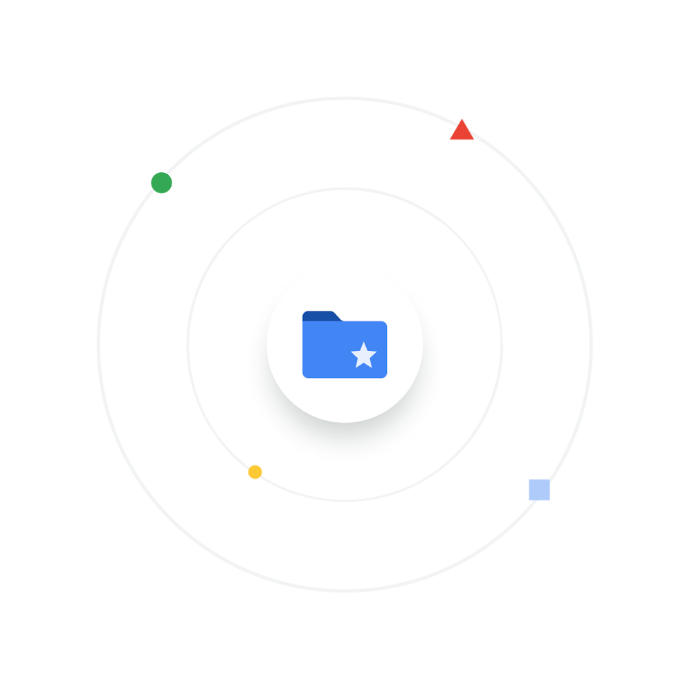 A blue file folder is starred. Shapes float around it.