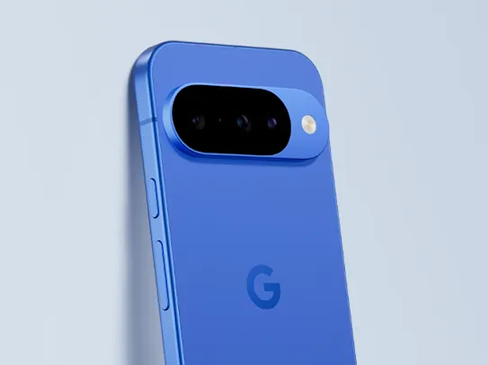 A blue Pixel 10 against a gray-blue background.