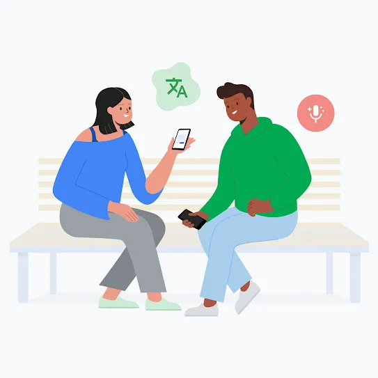 An illustration of a man and woman sitting on a park bench. She holds up a phone with a speech bubble showing a foreign language, while a speech bubble above his head shows a microphone icon.