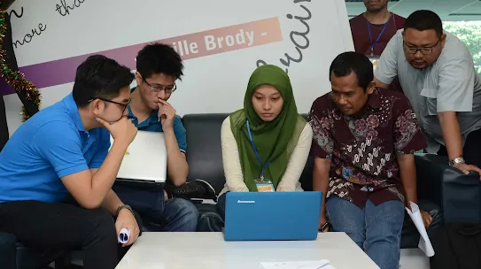 Five young adults, one wearing a hijab, are gathered around a blue laptop on a white table, appearing to be engaged in a collaborative discussion.