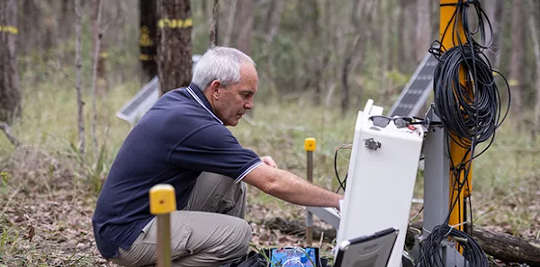 A researcher squats while working on electronic equipment in a forest