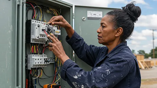 A person with dark skin and hair in a bun, wearing a dark blue work shirt with white paint splatter works on the wiring inside an open electrical box.