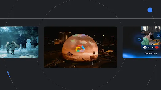 Three image previews: two people in a snowy cave, a large illuminated sphere with a Google Cloud logo, and a phone screen that demos Gemini Live.