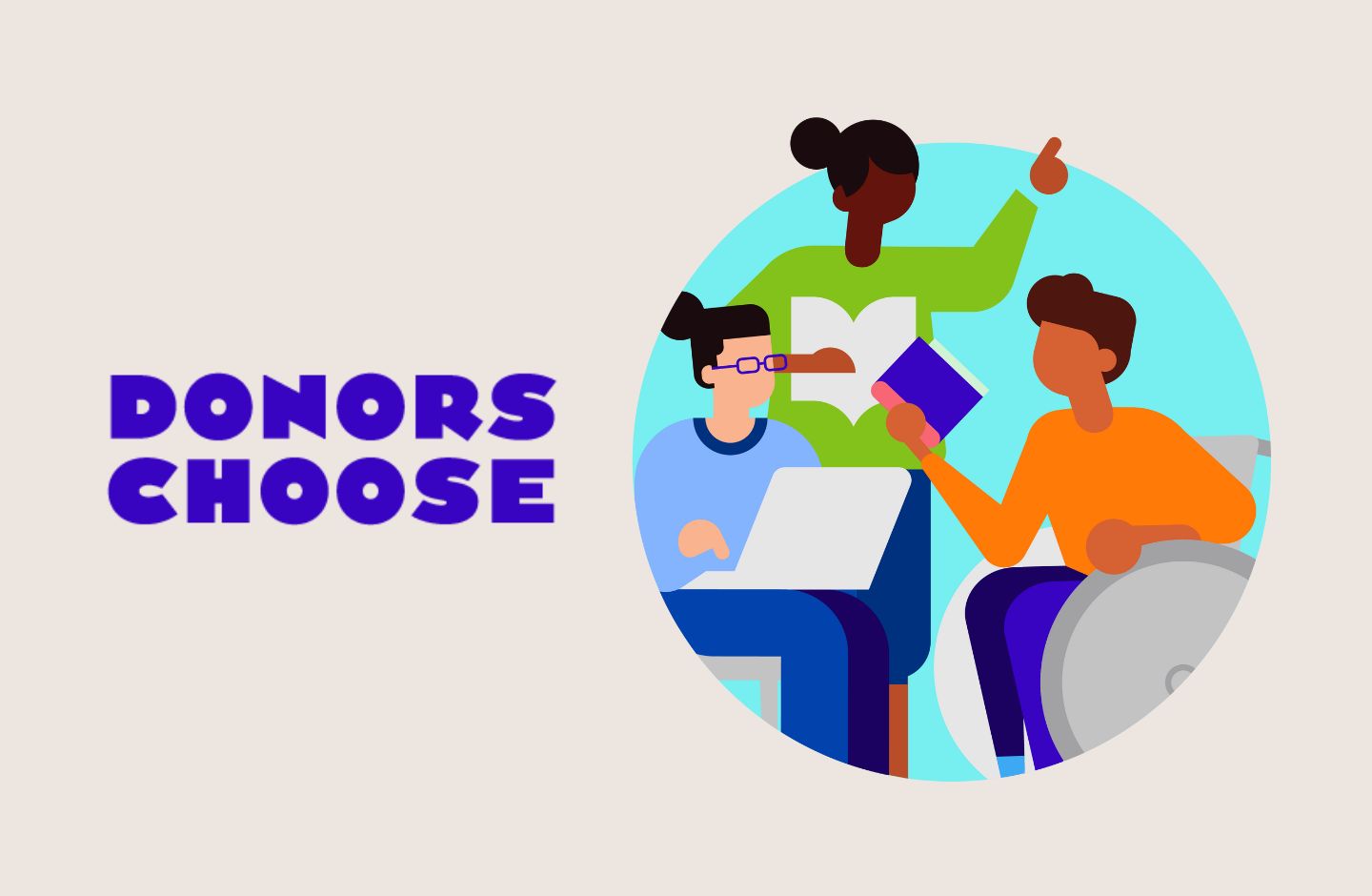 Graphic illustration of 3 students next to the DonorsChoose logo