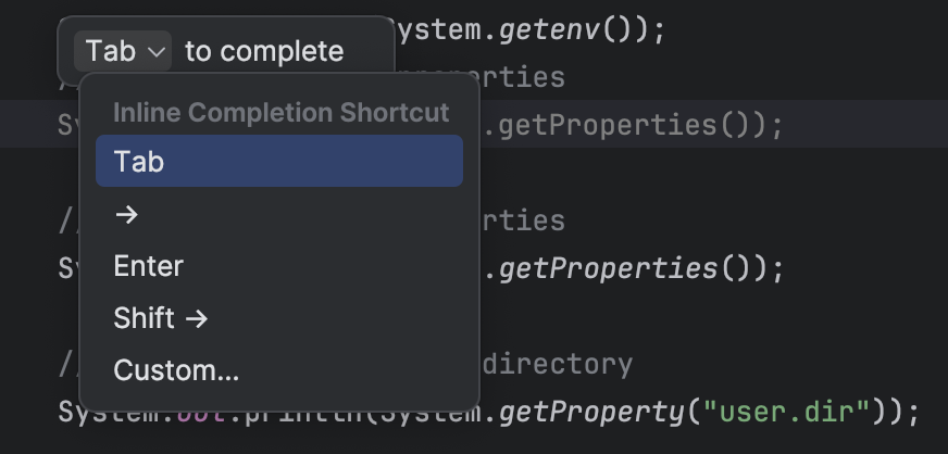 Gemini bietet ein Drop-down-Menü, in dem Sie das Tastenkürzel ändern können, mit dem sich ein Inline-Vorschlag übernehmen lässt.