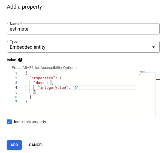 Un esempio di JSON valido per una proprietà di entità incorporata