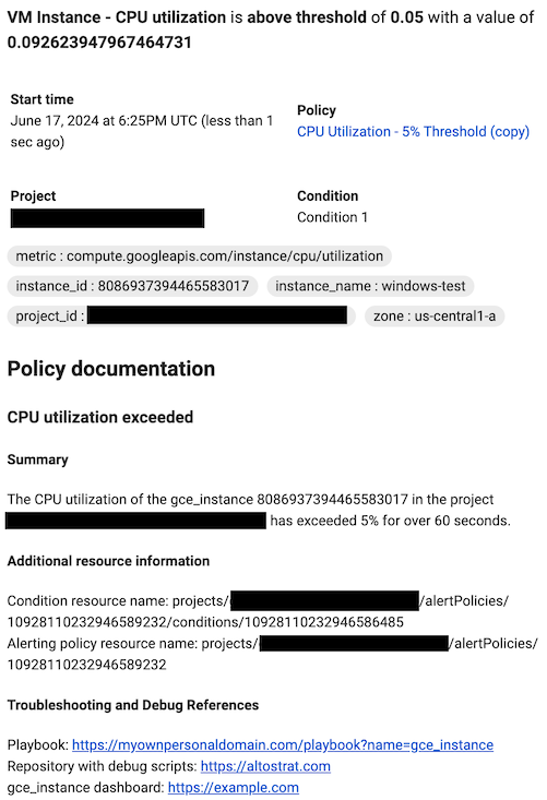 Exemplo de como a documentação é renderizada numa notificação. Os links são apresentados sob o cabeçalho &quot;Referências de resolução de problemas e depuração&quot;.