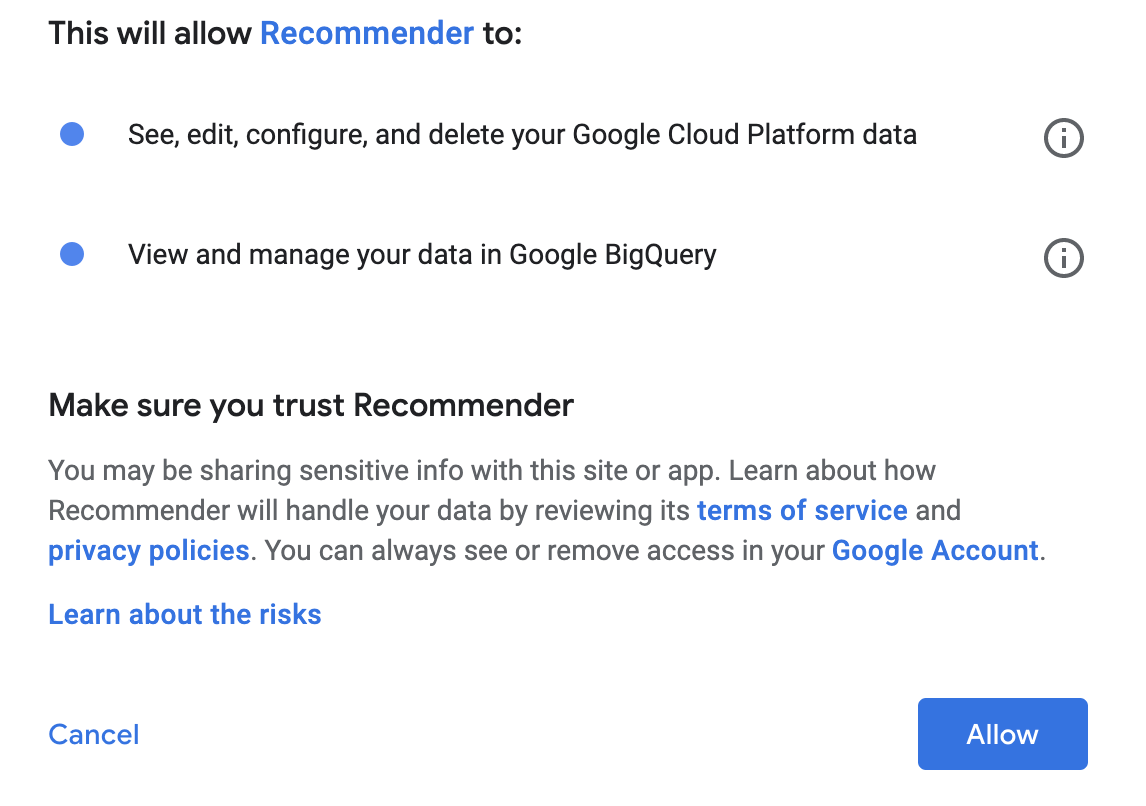 Caixa de diálogo de autorização do Recommender, listando as permissões necessárias e fornecendo links para saber mais sobre os riscos e como o Recommender processa os dados.