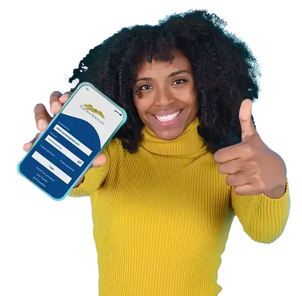 Woman with mobile phone showing Freedom Mortgage App