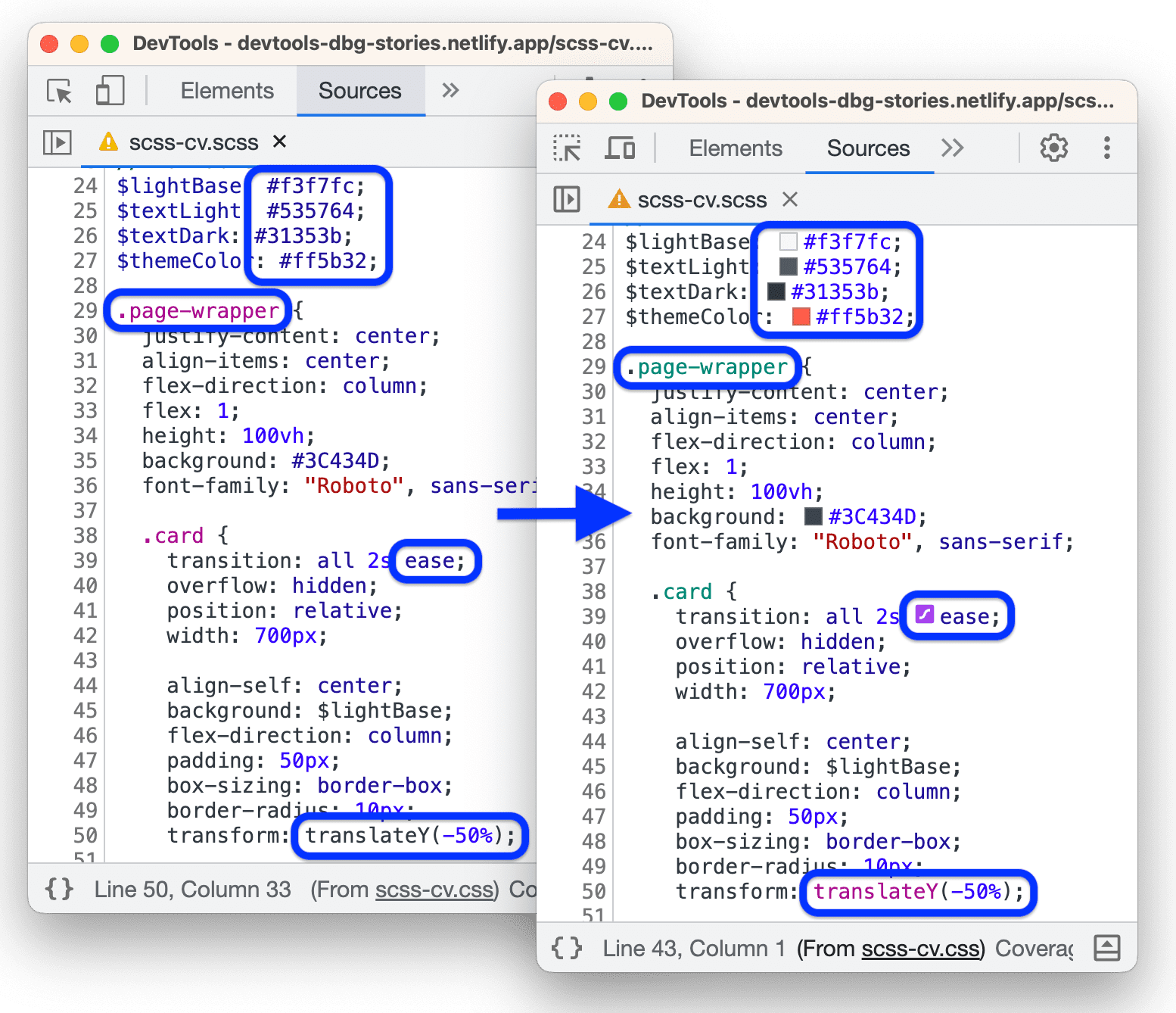 Peningkatan penyorotan sintaksis CSS dan dukungan editor inline di Sources.