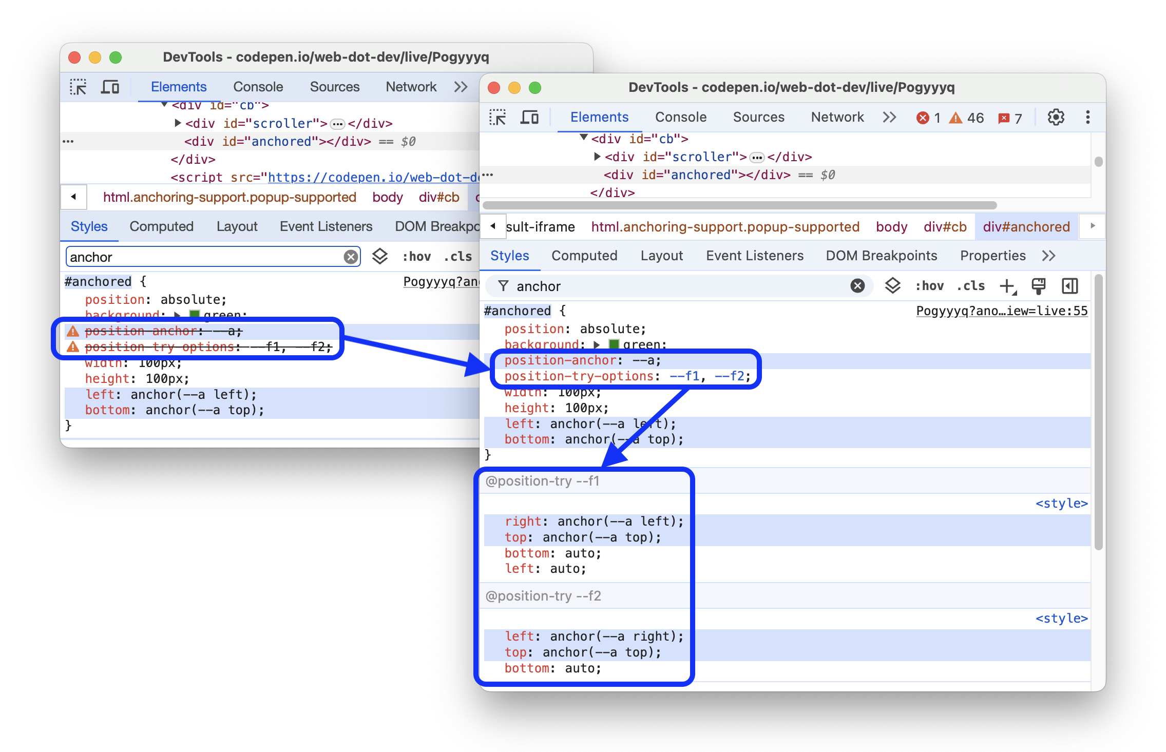 @position-try CSS ルールをサポートする前後の状態。