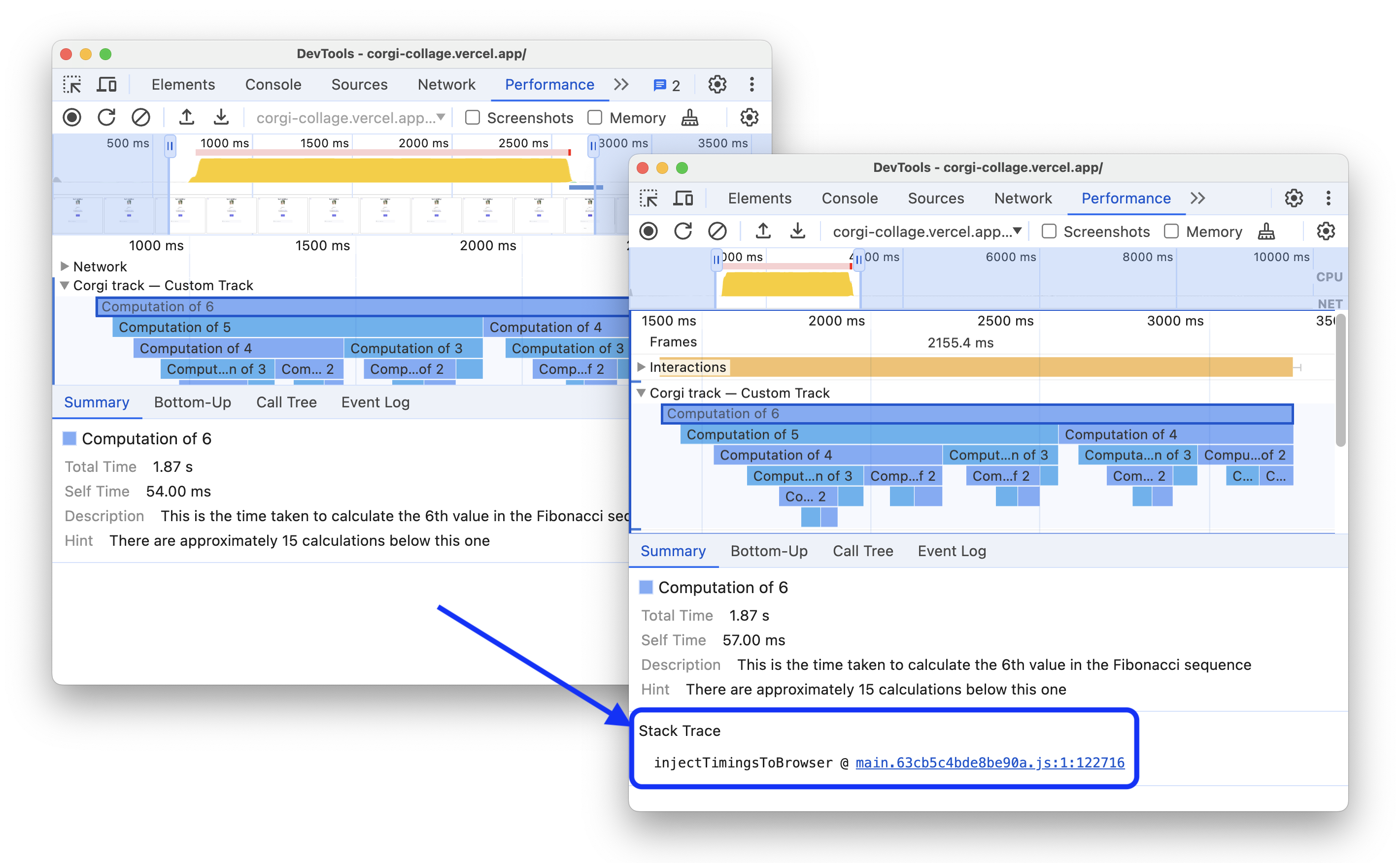 Voor en na worden de stack traces voor performance.mark en performance.measure aanroepen weergegeven.