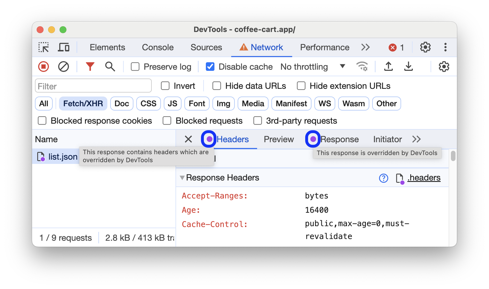 Nowe etykietki obok ikony fioletowej kropki na kartach Nagłówki i Odpowiedź.