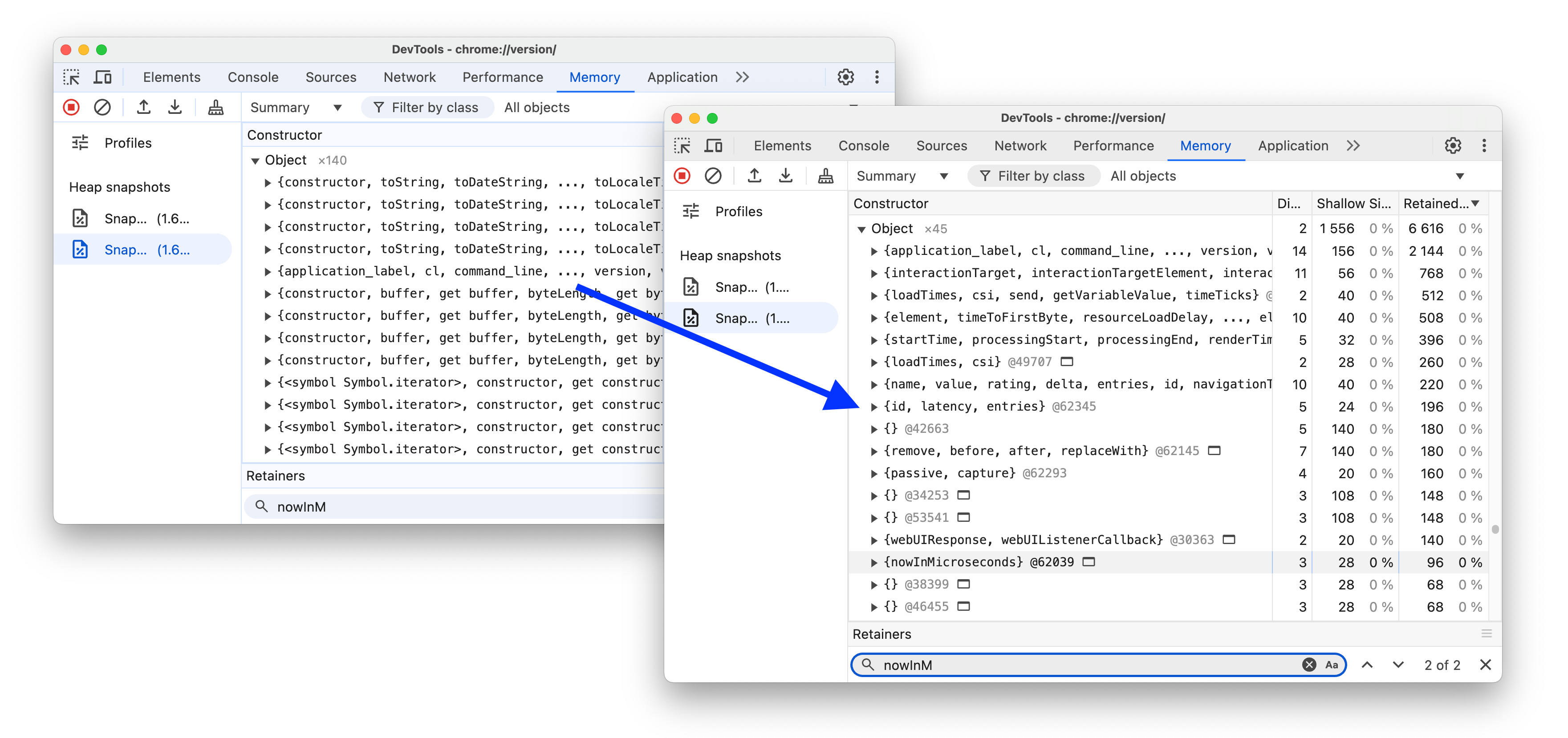 Voor en na het organiseren van de Object-categorie in heap-snapshots.