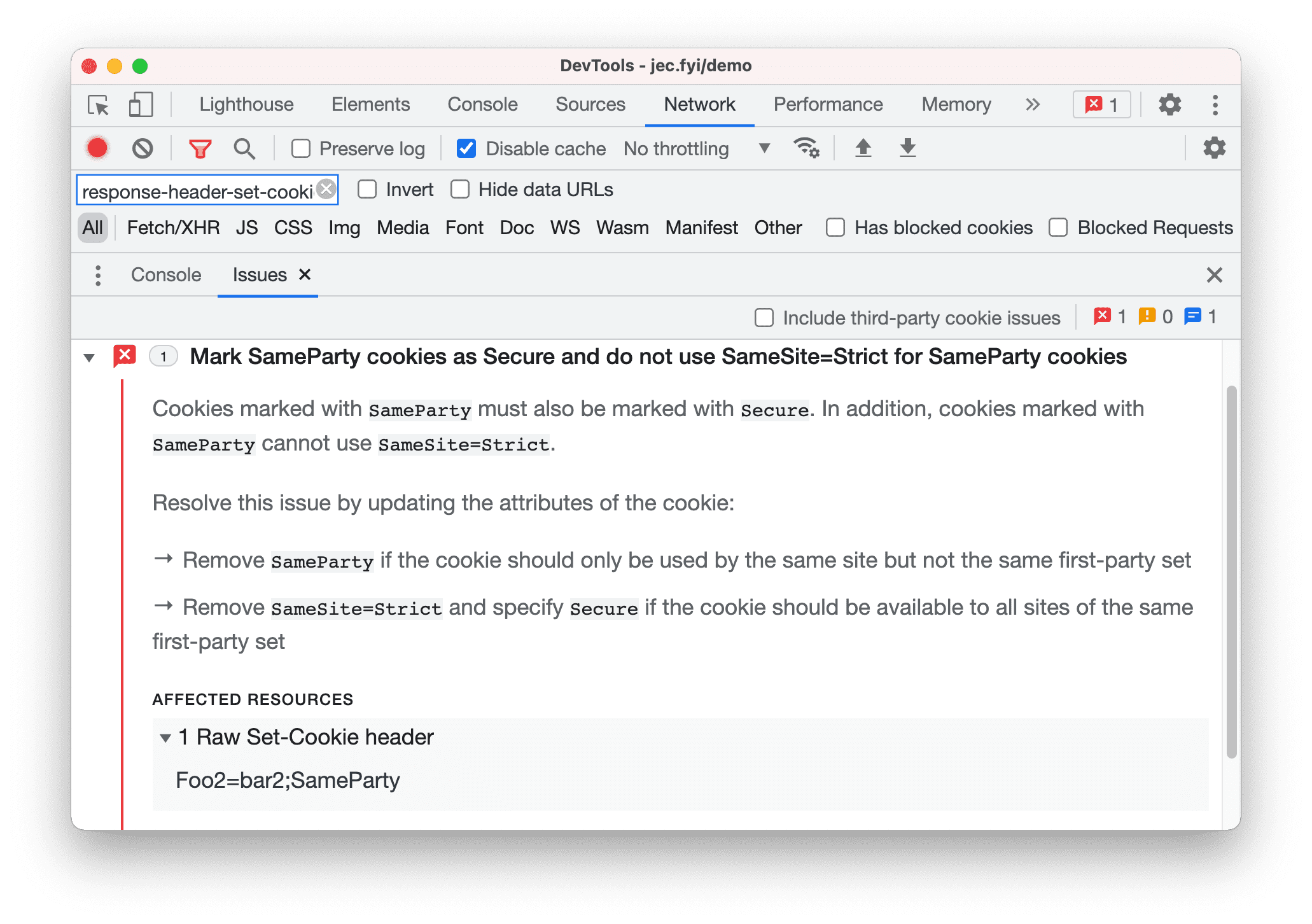 Необработанные заголовки «Set-Cookie» на вкладке «Проблемы» и панели «Сеть»