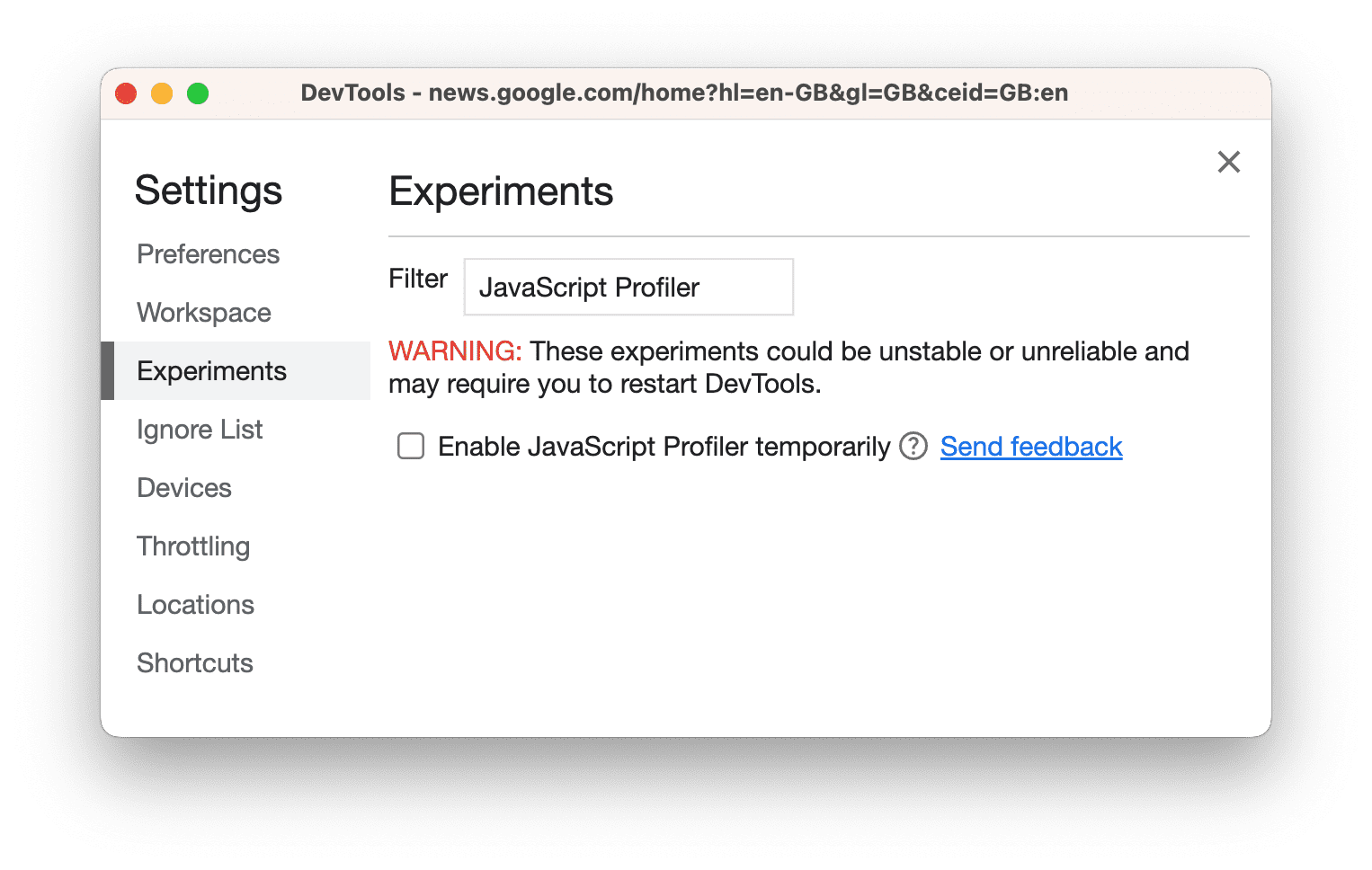 תיבת הסימון של הכלי לניתוח ביצועים (profiler) של JavaScript בהגדרות ואז בניסויים.