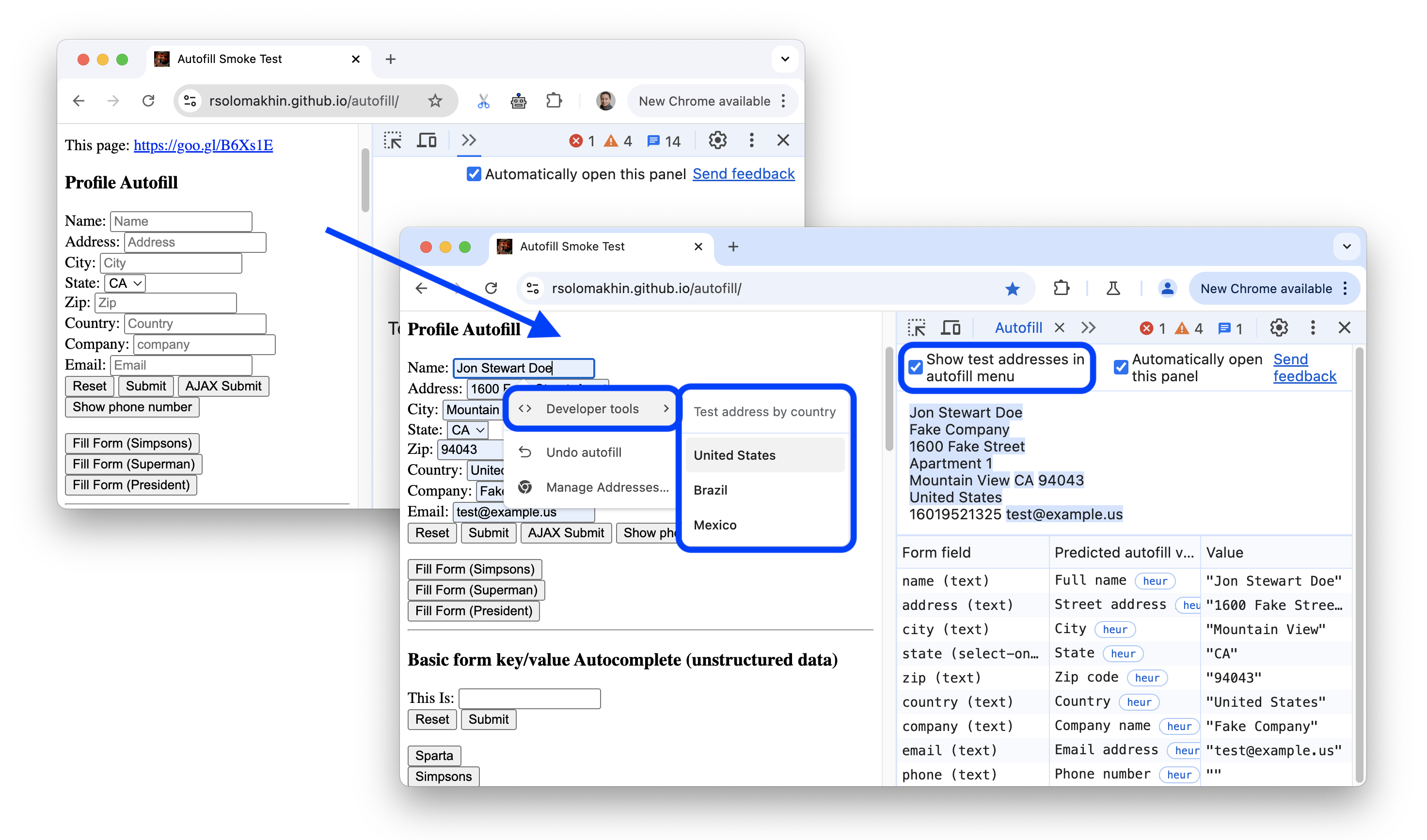 Das Drop-down-Menü eines Adressformularfelds vor und nach dem Hinzufügen von Autofill-Testdatenoptionen.