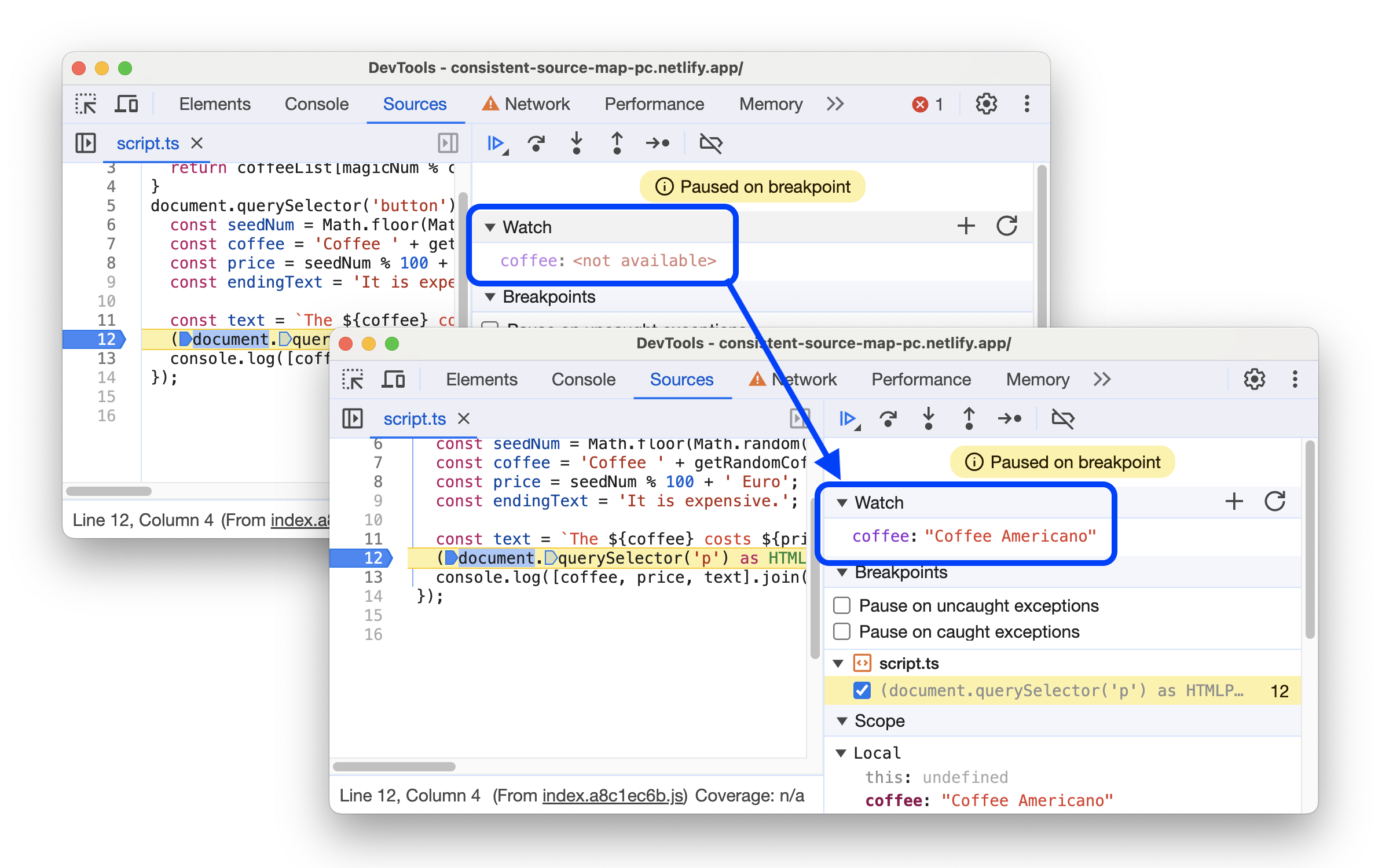 Voor en na het bekijken van de originele variabelen in de Debugger.