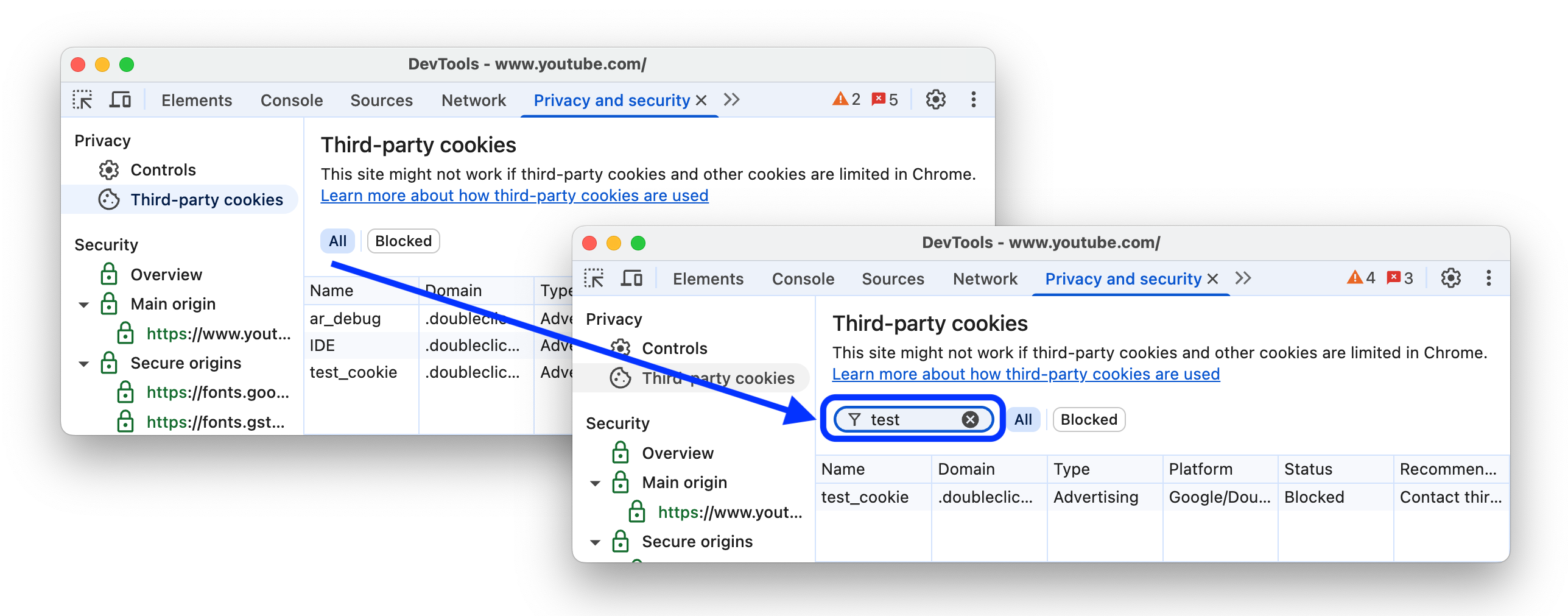 Der Filter in der Tabelle „Drittanbieter-Cookies“.