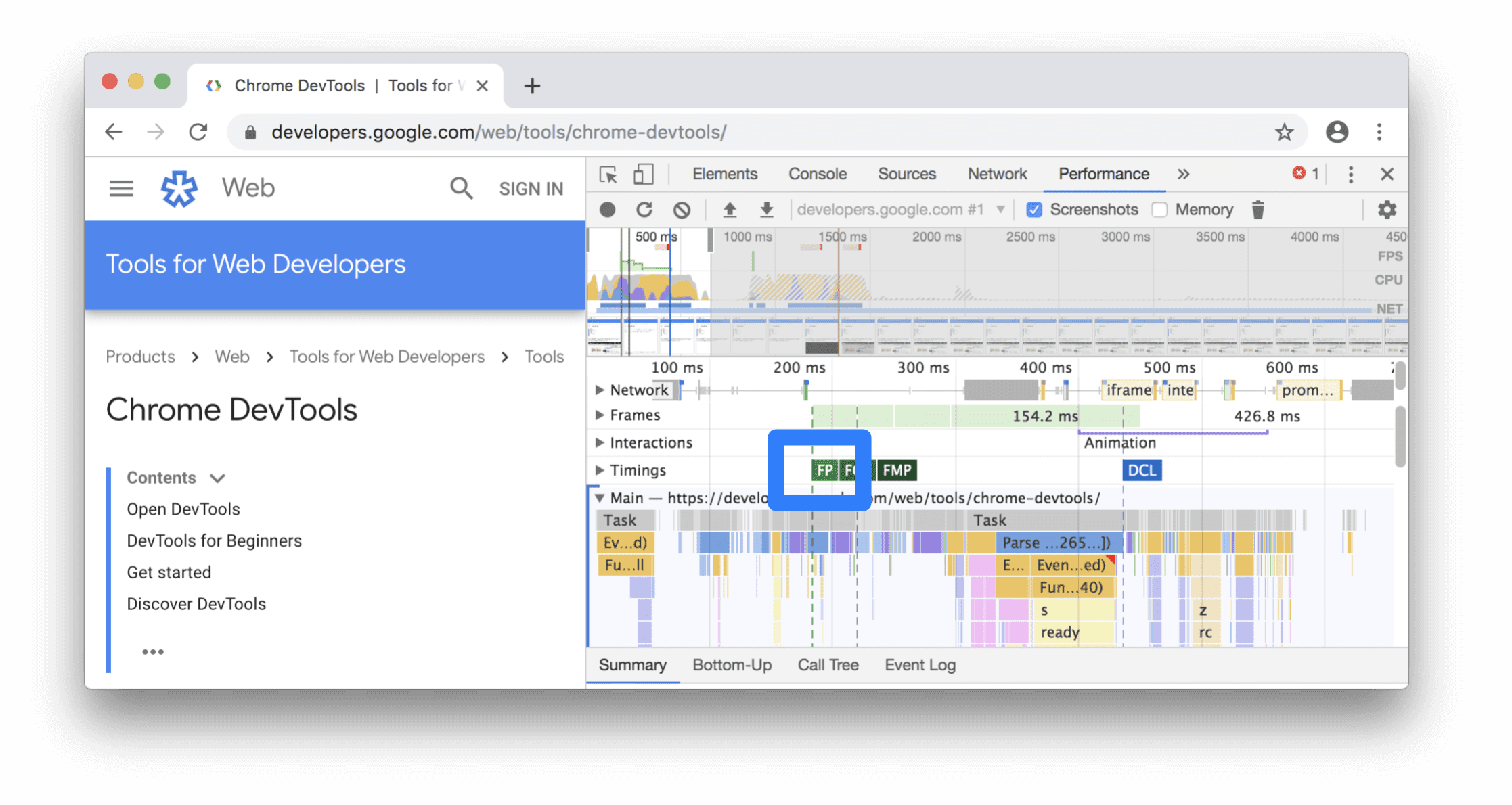 First Paint en la sección Timings