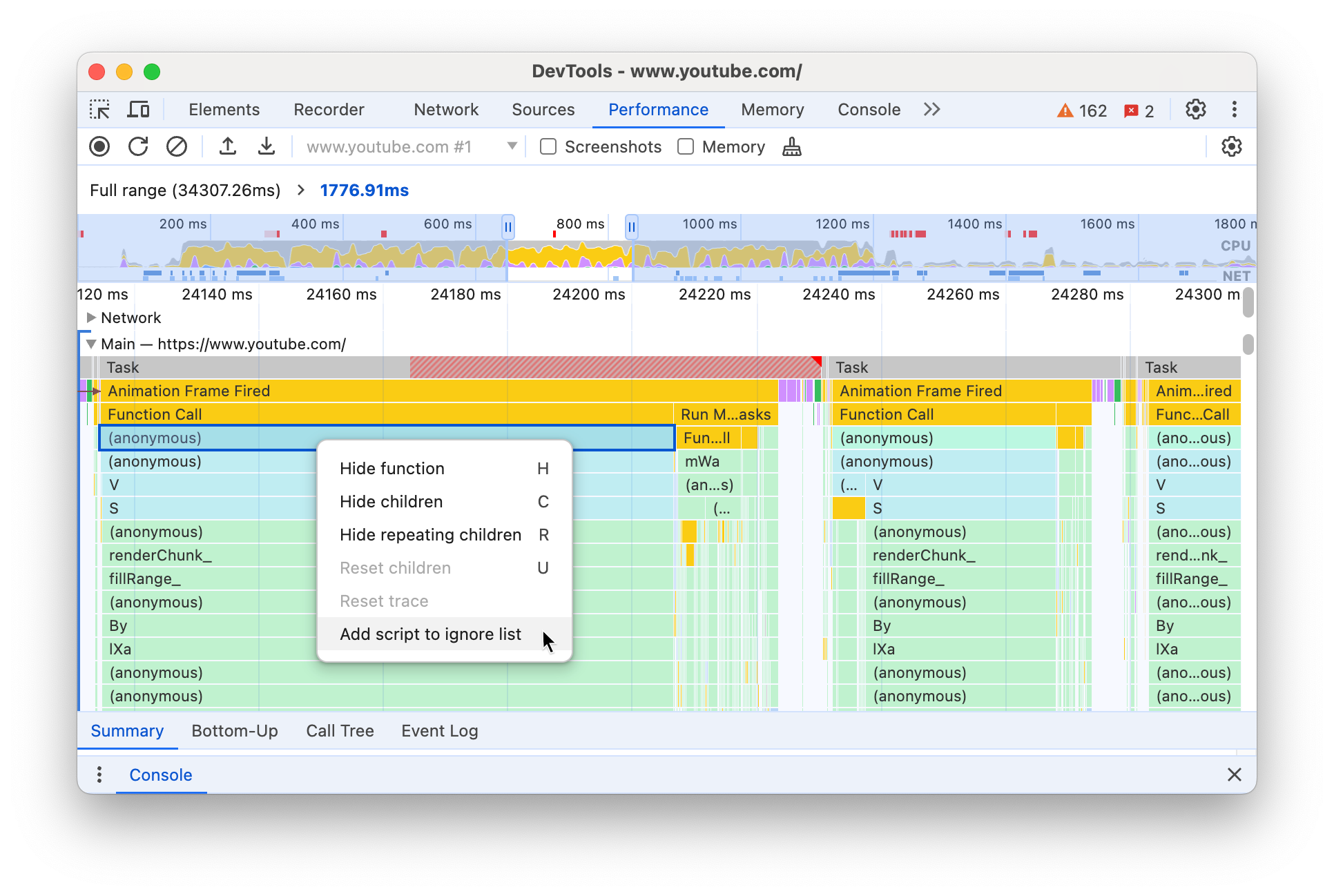 Контекстное меню с выделенной опцией игнорирования скрипта.