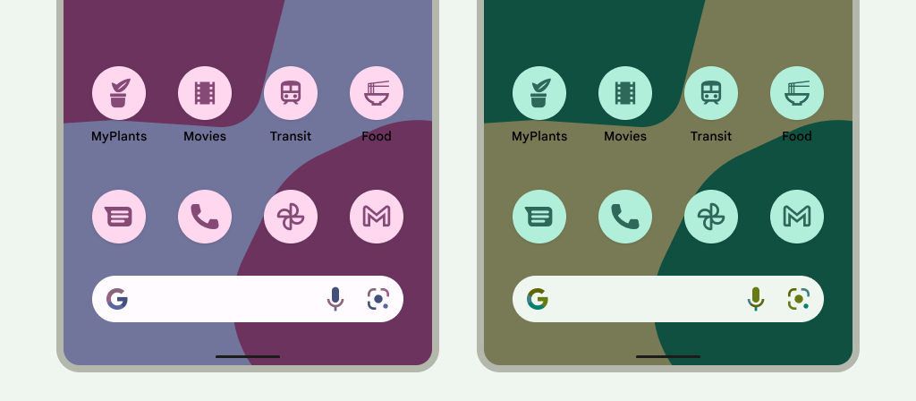 Ein Bild mit Beispielen für drei Android-Geräte, auf denen jeweils ein anderes Nutzerdesign mit unterschiedlichen Tönungen zu sehen ist: Das erste zeigt ein Hintergrundbild mit dunkler Tönung, das zweite ein goldfarbenes Hintergrundbild und das dritte ein hellgraues Hintergrundbild mit bläulichen Tönungen. In jedem Beispiel haben die Symbole die Tönung des Hintergrundbilds übernommen und fügen sich perfekt ein.