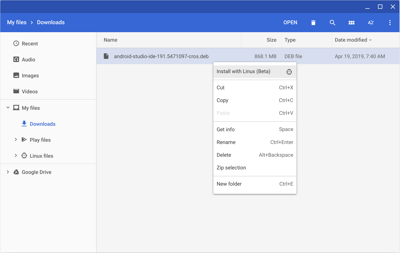 موقع الملف المستهدف لحزمة DEB على ChromeOS