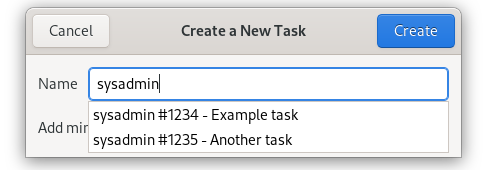 Screenshot of new task dialog with previous tasks