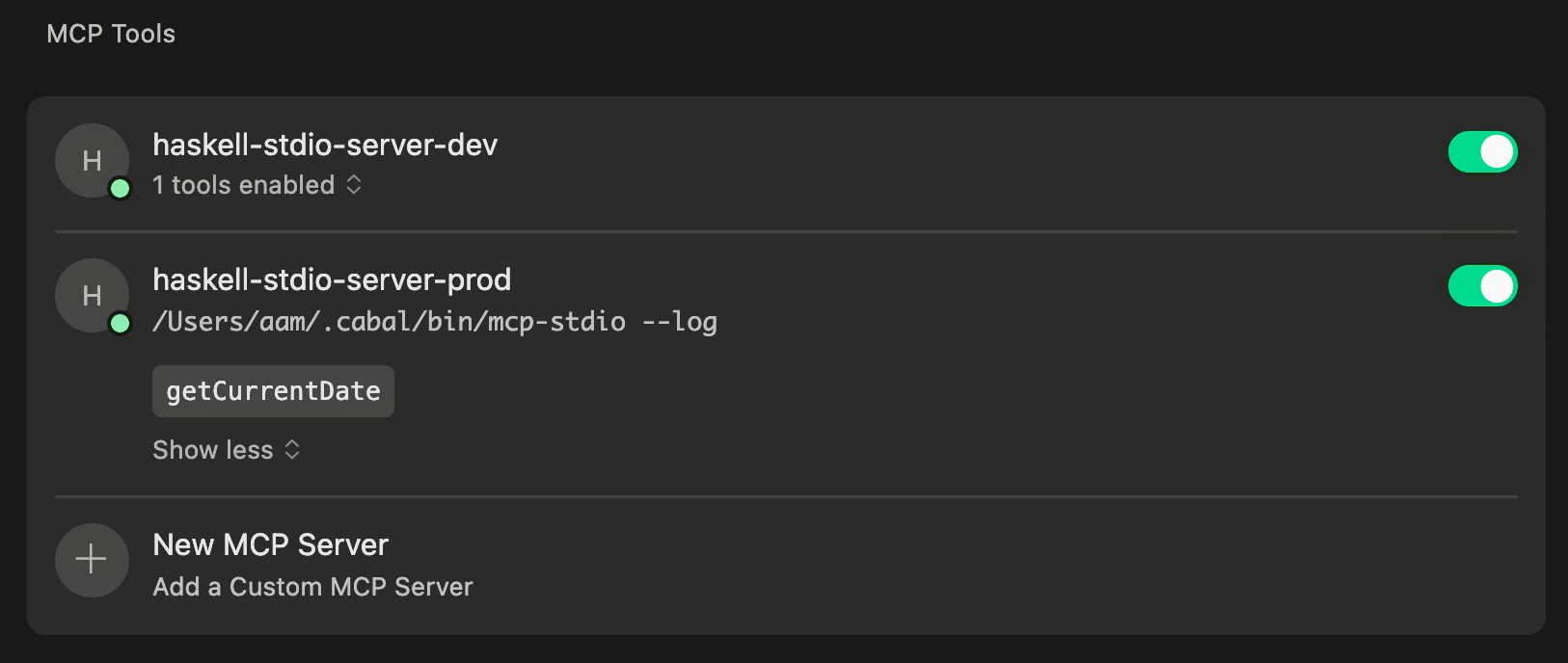 Screenshot of the MCP Tools subsection of the Cursor Settings page, showing tools listed for two example Haskell MCP Servers