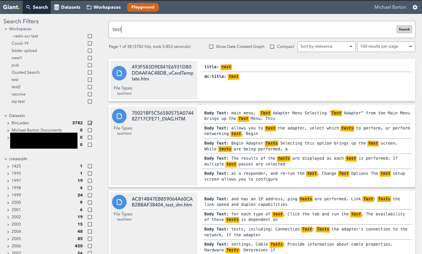 Screenshot of Giant search