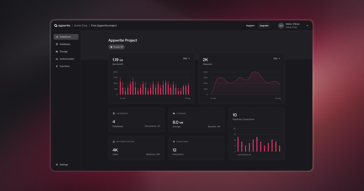 Appwrite project dashboard showing various Appwrite features