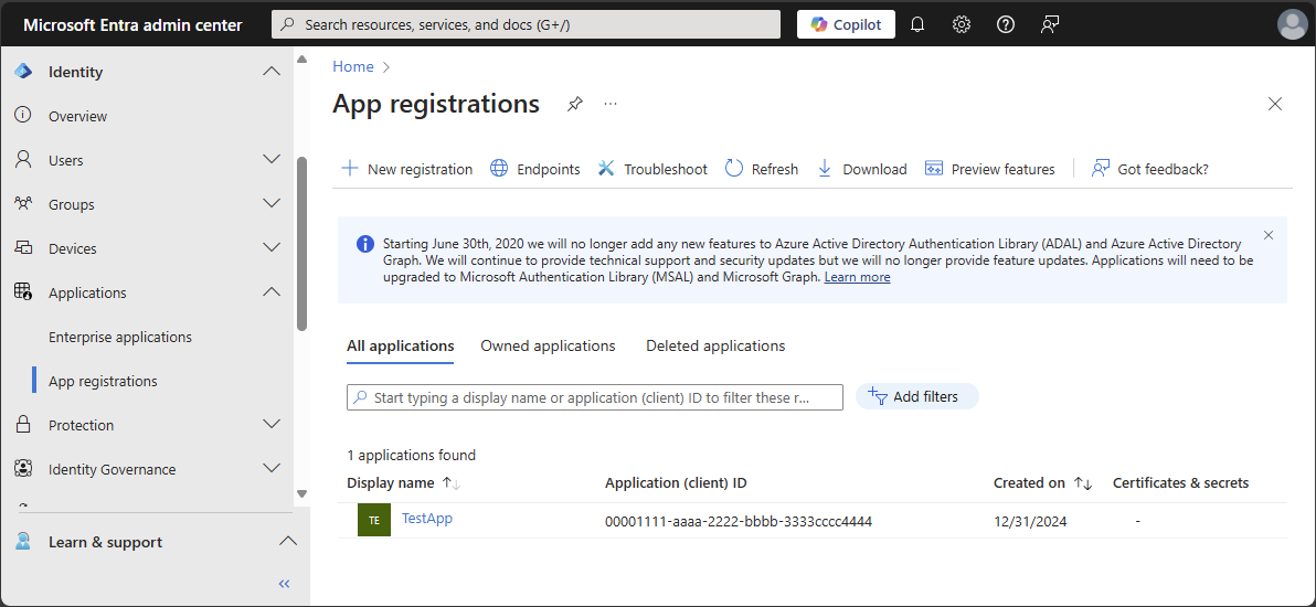 Screenshot of App registrations in Microsoft Entra ID.