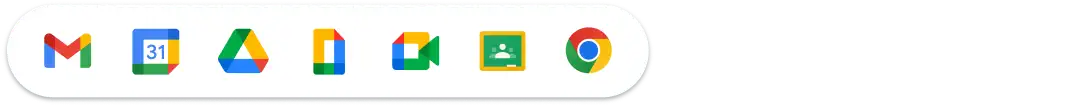 A white pill features the Gmail, Calendar, Drive, Doc, Meet, Classroom, and Chrome logos above a block of text.