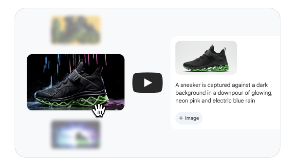 Image: a prompt to convert an image to video using Veo 3 featuring a shoe with neon pink and electric blue rain.
